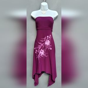 ♡Per Seption Strapless Burgundy French-Design Printed Midi Dress...Size Large♡